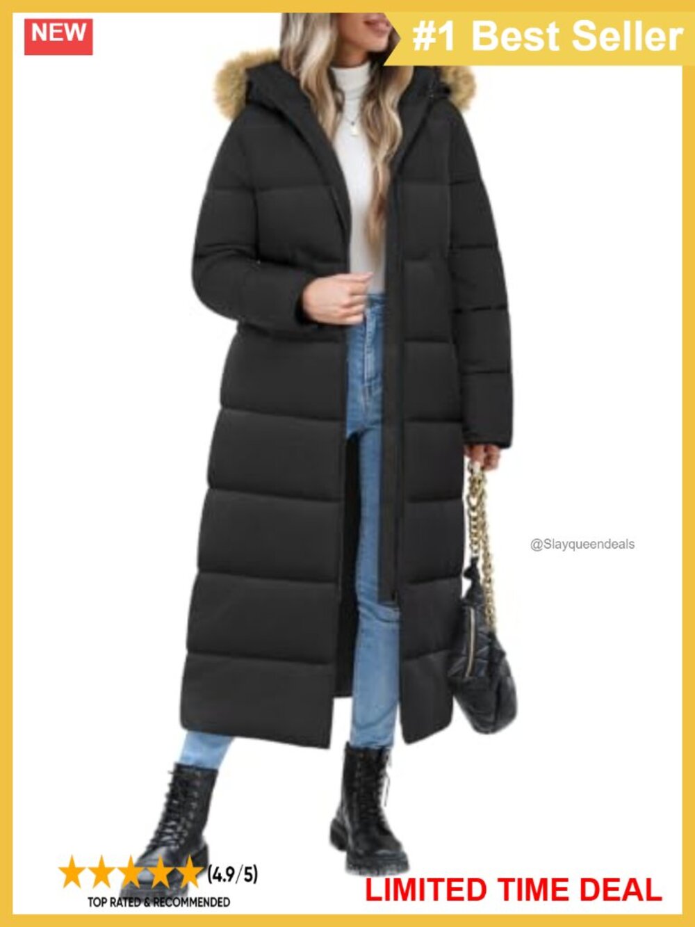Women's Long Quilted Puffer Coat Removable Faux Fur Hood Winter Jacket